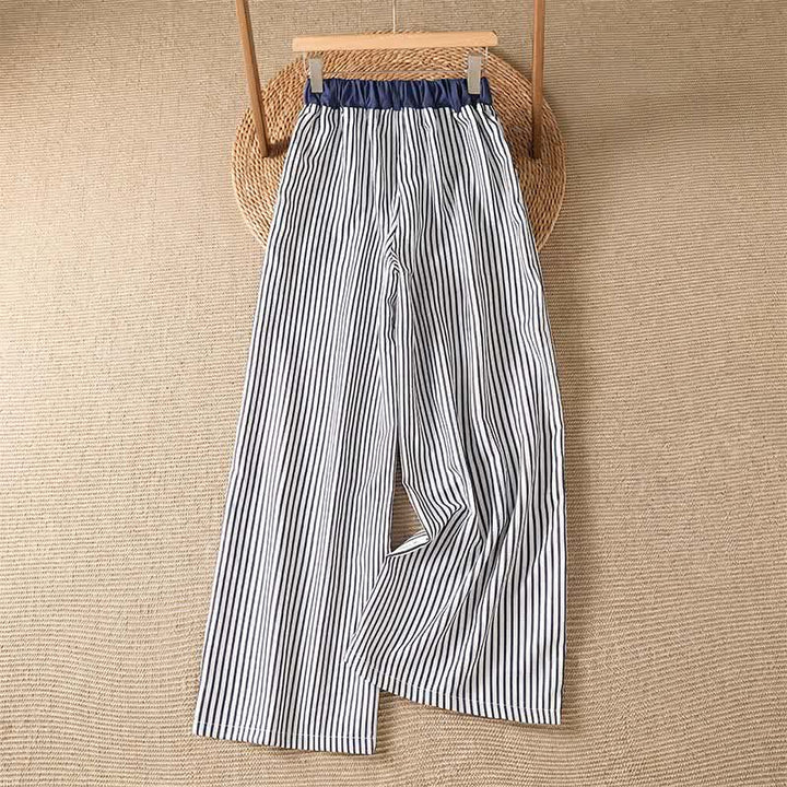 Buddha Stones Pantaloni lunghi estivi casual a righe con coulisse, pantaloni a gamba larga da donna con tasca - image 1