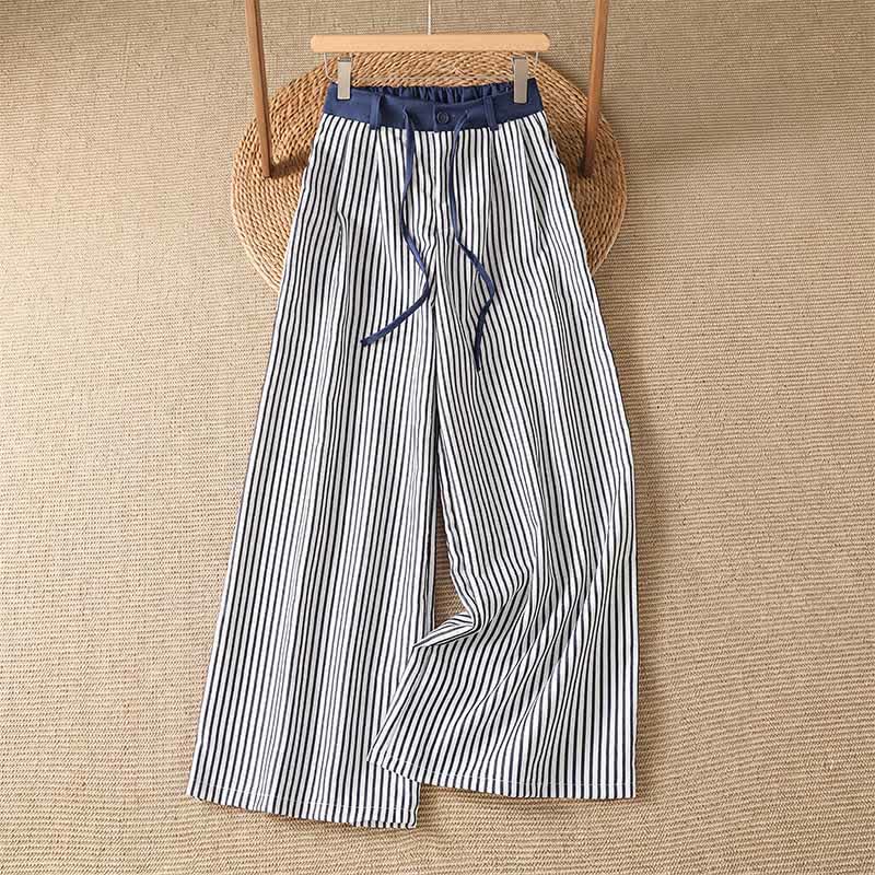 Buddha Stones Pantaloni lunghi estivi casual a righe con coulisse, pantaloni a gamba larga da donna con tasca - Blu scuro - US8-10, UK/AU12-14, EU40-42 (2XL) - image 0