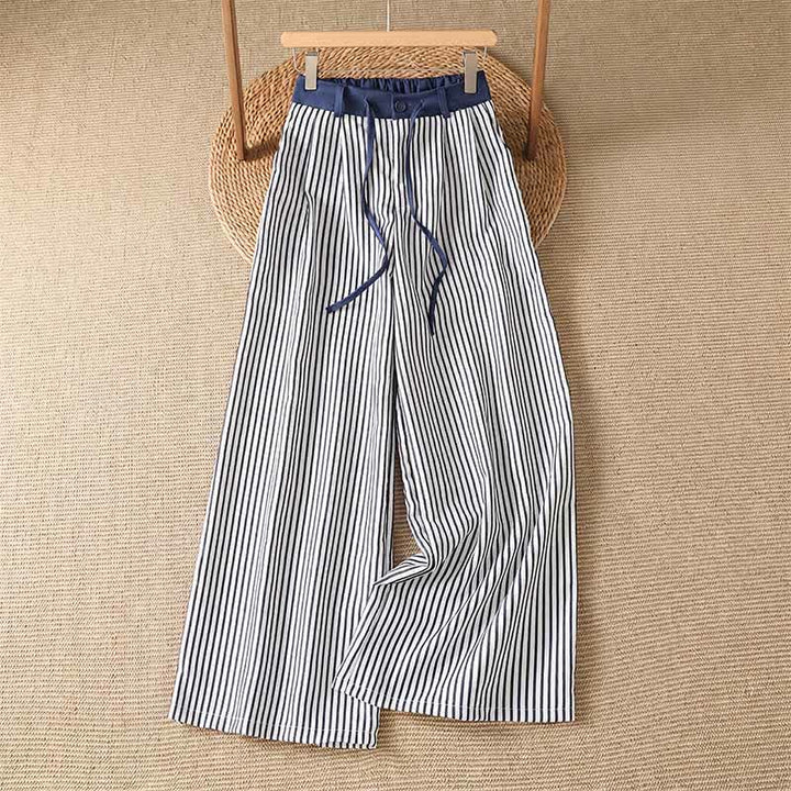 Buddha Stones Pantaloni lunghi estivi casual a righe con coulisse, pantaloni a gamba larga da donna con tasca - Blu scuro - US8-10, UK/AU12-14, EU40-42 (2XL) - image 0