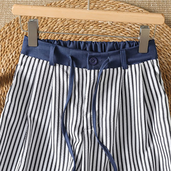 Buddha Stones Pantaloni lunghi estivi casual a righe con coulisse, pantaloni a gamba larga da donna con tasca - image 3