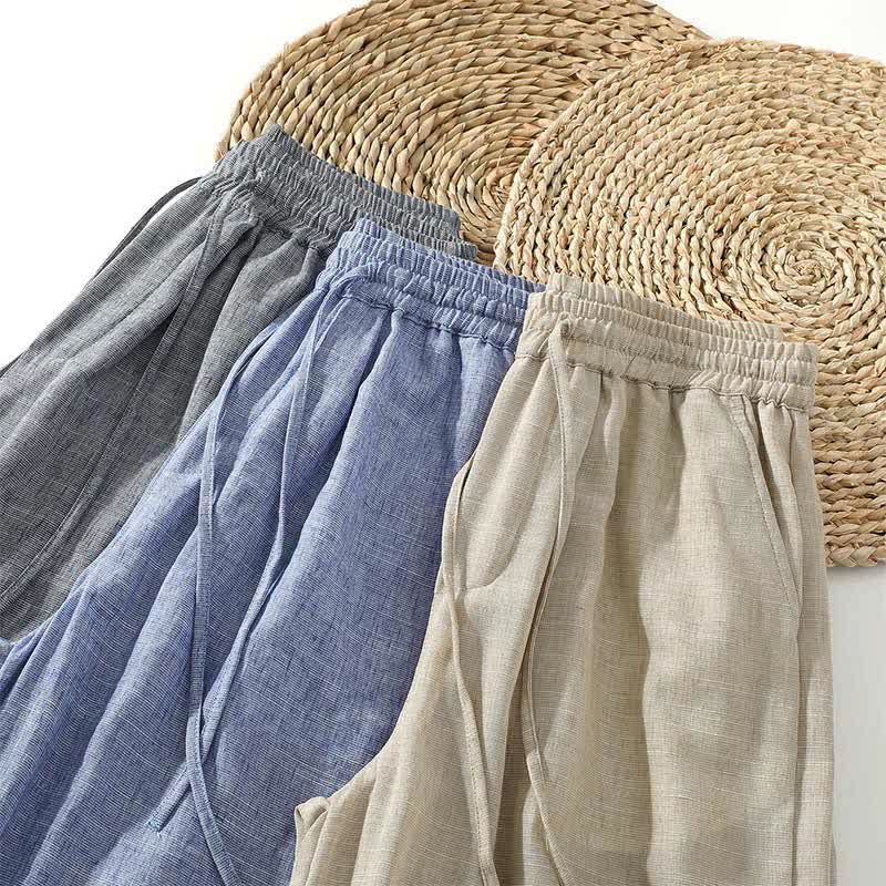 Buddha Stones Pantaloni corti estivi casual minimalisti con coulisse, modello harem da uomo con tasca - image 10