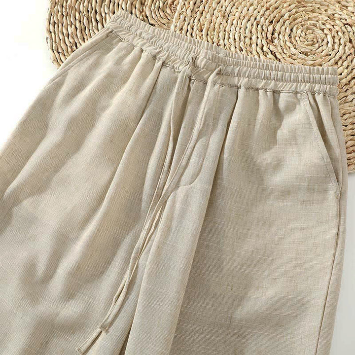 Buddha Stones Pantaloni corti estivi casual minimalisti con coulisse, modello harem da uomo con tasca - image 4