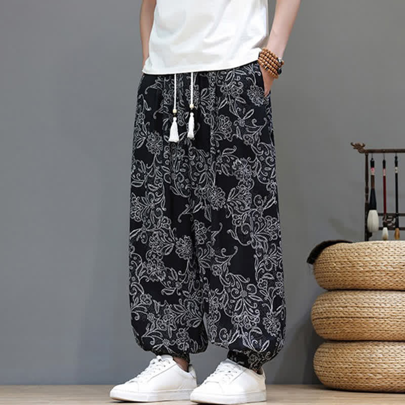 Buddha Stones Pantaloni estivi casual vintage con coulisse e stampa floreale, pantaloni harem da uomo con tasca - image 17