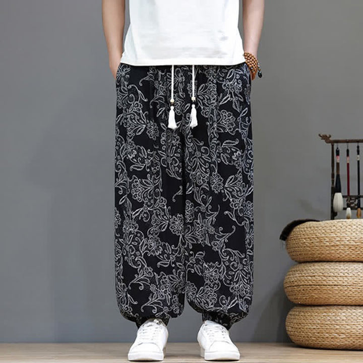 Buddha Stones Pantaloni estivi casual vintage con coulisse e stampa floreale, pantaloni harem da uomo con tasca - image 12