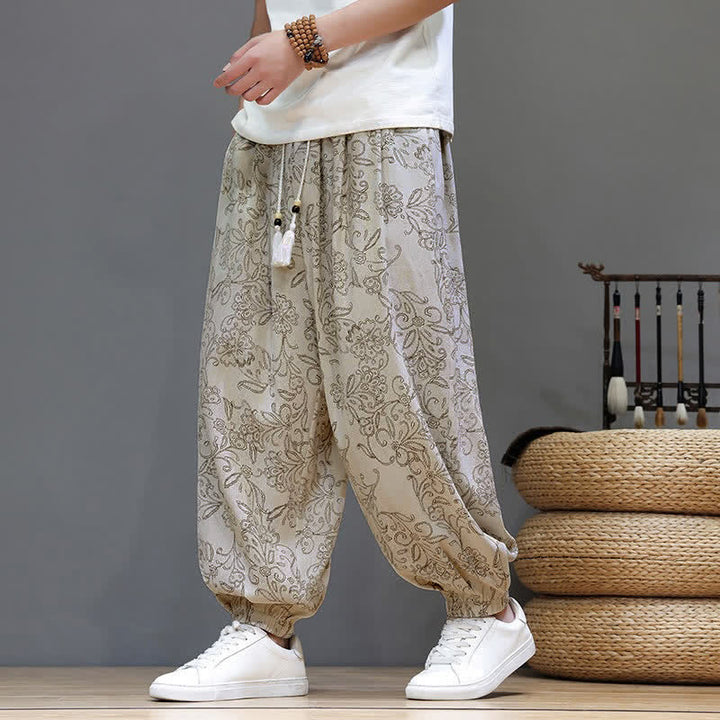 Buddha Stones Pantaloni estivi casual vintage con coulisse e stampa floreale, pantaloni harem da uomo con tasca - Bianco - US/UK/AU46, EU56 (5XL) - image 0