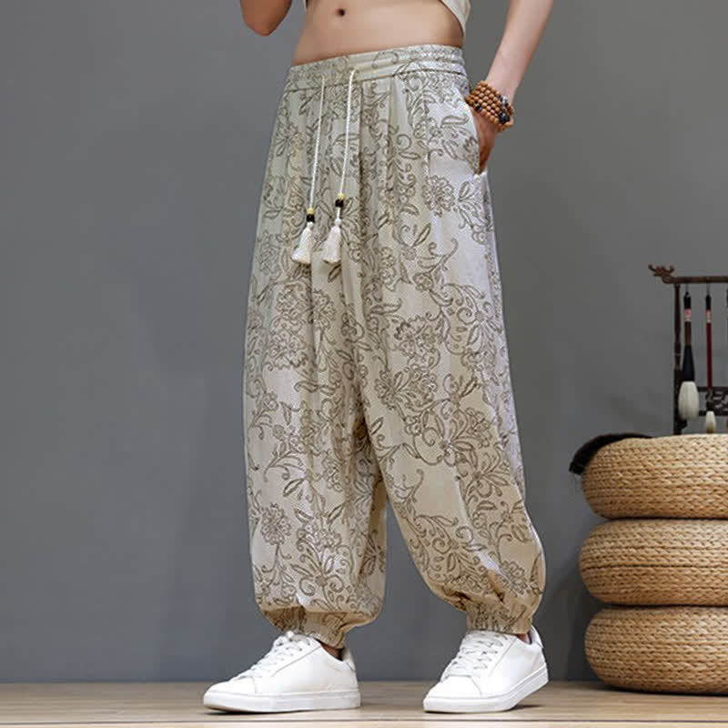 Buddha Stones Pantaloni estivi casual vintage con coulisse e stampa floreale, pantaloni harem da uomo con tasca - image 6