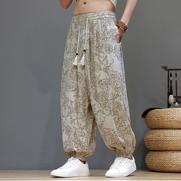 Buddha Stones Pantaloni estivi casual vintage con coulisse e stampa floreale, pantaloni harem da uomo con tasca - image 6