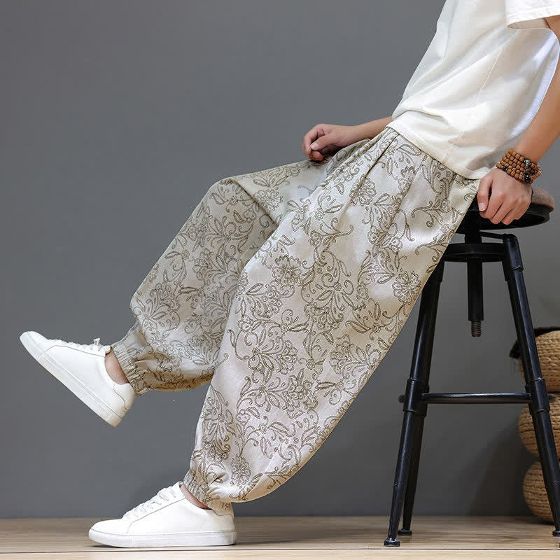 Buddha Stones Pantaloni estivi casual vintage con coulisse e stampa floreale, pantaloni harem da uomo con tasca - image 8