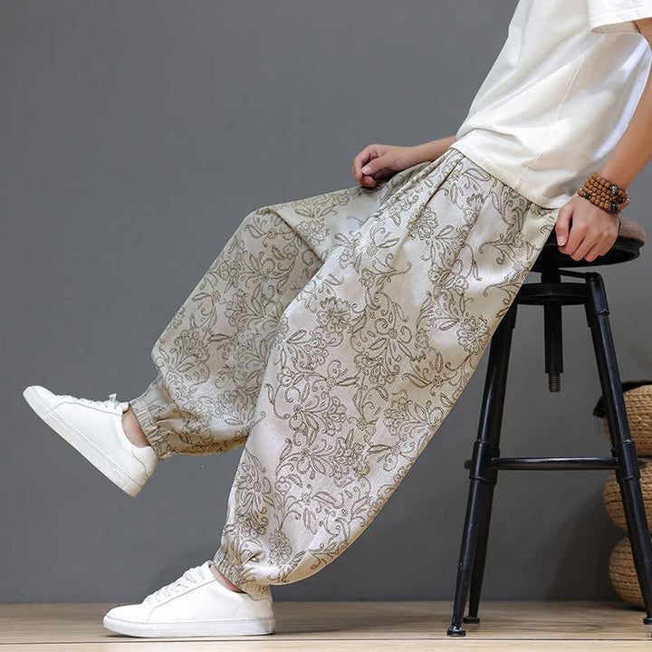 Buddha Stones Pantaloni estivi casual vintage con coulisse e stampa floreale, pantaloni harem da uomo con tasca - image 8