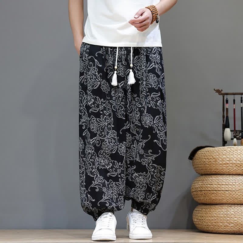 Buddha Stones Pantaloni estivi casual vintage con coulisse e stampa floreale, pantaloni harem da uomo con tasca - image 13