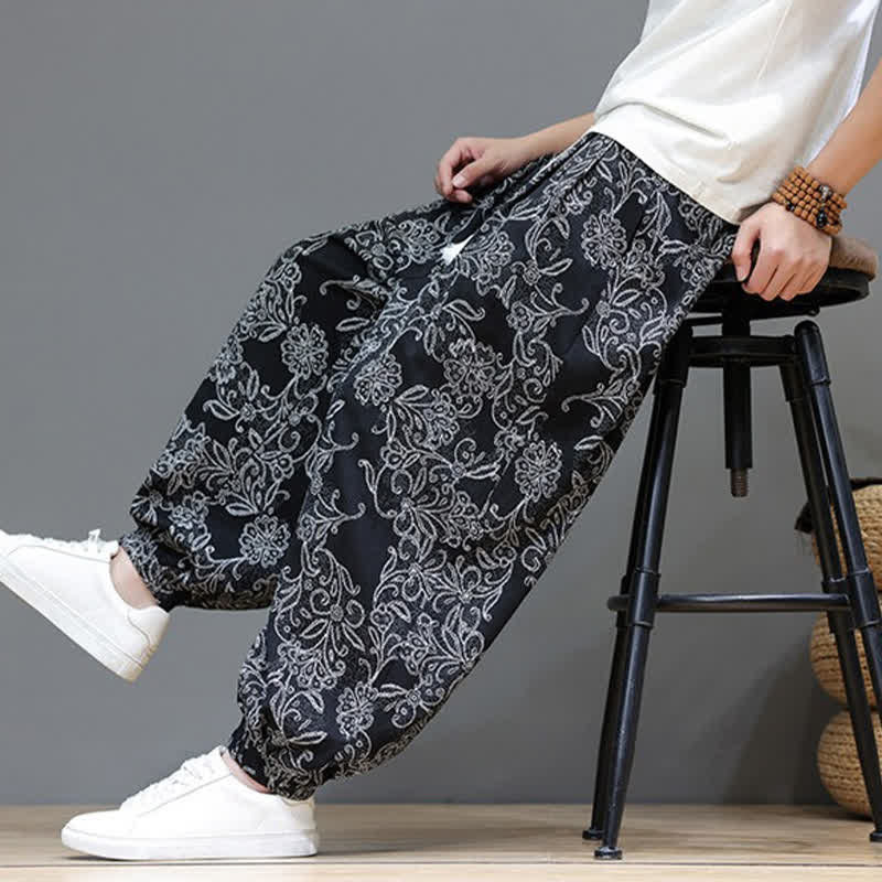 Buddha Stones Pantaloni estivi casual vintage con coulisse e stampa floreale, pantaloni harem da uomo con tasca - image 20