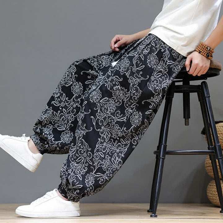 Buddha Stones Pantaloni estivi casual vintage con coulisse e stampa floreale, pantaloni harem da uomo con tasca - image 20