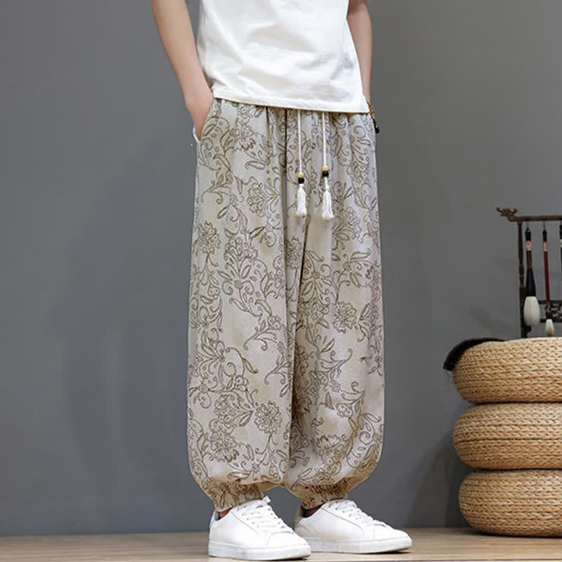 Buddha Stones Pantaloni estivi casual vintage con coulisse e stampa floreale, pantaloni harem da uomo con tasca - image 3