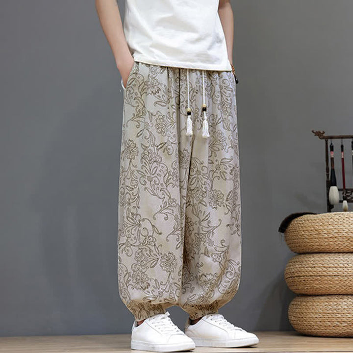 Buddha Stones Pantaloni estivi casual vintage con coulisse e stampa floreale, pantaloni harem da uomo con tasca - image 3