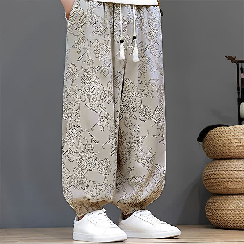 Buddha Stones Pantaloni estivi casual vintage con coulisse e stampa floreale, pantaloni harem da uomo con tasca - image 9