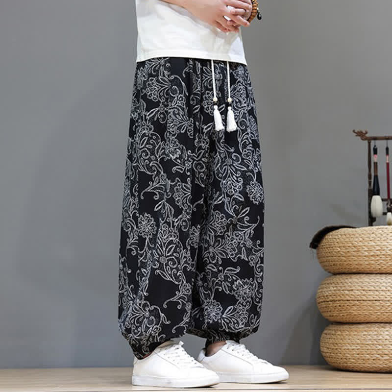 Buddha Stones Pantaloni estivi casual vintage con coulisse e stampa floreale, pantaloni harem da uomo con tasca - image 14