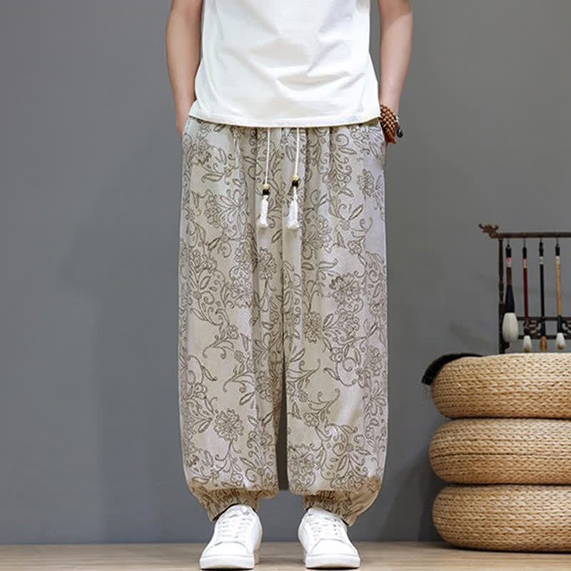 Buddha Stones Pantaloni estivi casual vintage con coulisse e stampa floreale, pantaloni harem da uomo con tasca - image 1