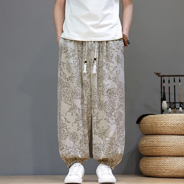 Buddha Stones Pantaloni estivi casual vintage con coulisse e stampa floreale, pantaloni harem da uomo con tasca - image 1