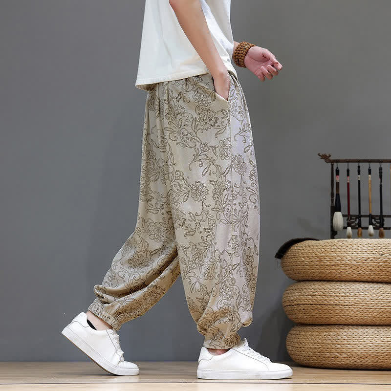 Buddha Stones Pantaloni estivi casual vintage con coulisse e stampa floreale, pantaloni harem da uomo con tasca - image 5