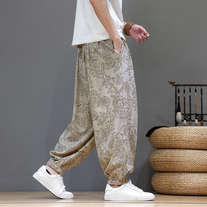 Buddha Stones Pantaloni estivi casual vintage con coulisse e stampa floreale, pantaloni harem da uomo con tasca - image 5