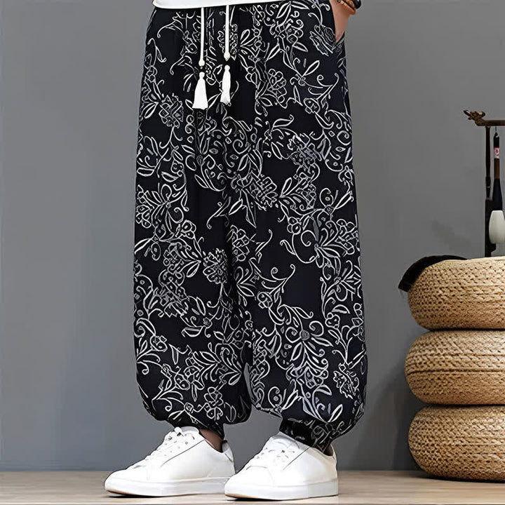 Buddha Stones Pantaloni estivi casual vintage con coulisse e stampa floreale, pantaloni harem da uomo con tasca - image 19