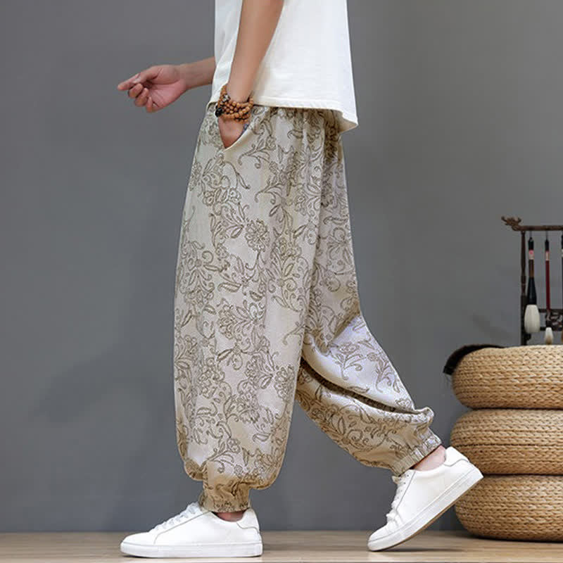 Buddha Stones Pantaloni estivi casual vintage con coulisse e stampa floreale, pantaloni harem da uomo con tasca - image 7