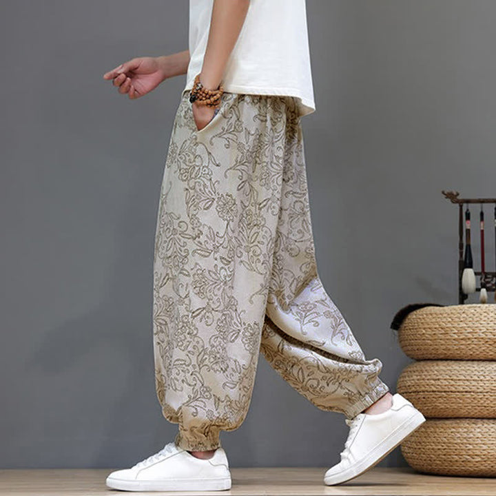 Buddha Stones Pantaloni estivi casual vintage con coulisse e stampa floreale, pantaloni harem da uomo con tasca - image 7