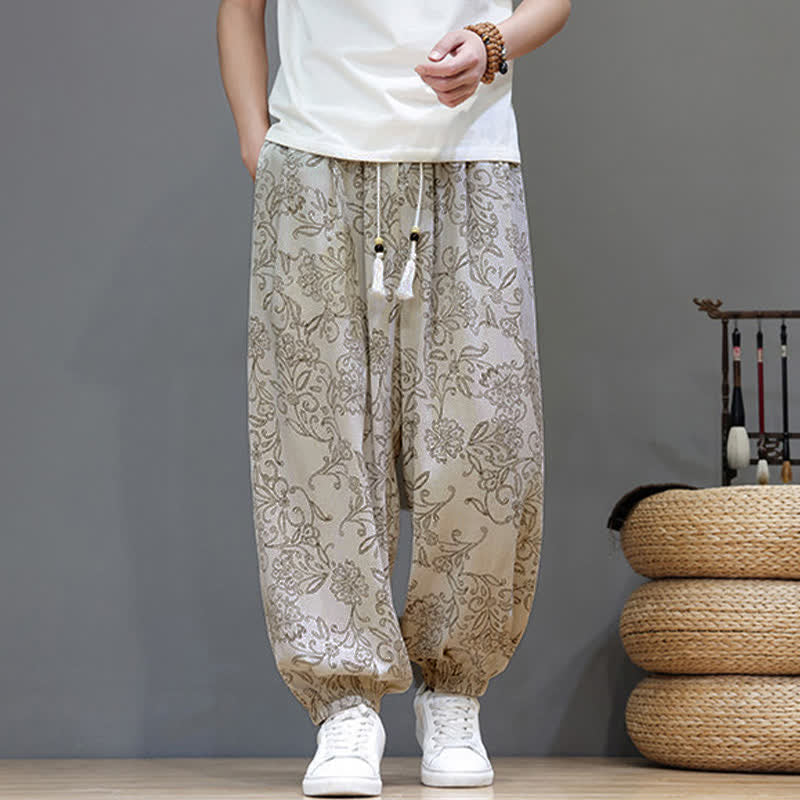 Buddha Stones Pantaloni estivi casual vintage con coulisse e stampa floreale, pantaloni harem da uomo con tasca - image 2