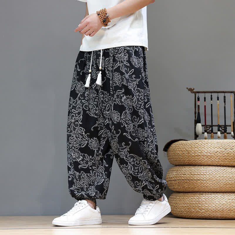 Buddha Stones Pantaloni estivi casual vintage con coulisse e stampa floreale, pantaloni harem da uomo con tasca - Nero - US/UK/AU46, EU56 (5XL) - image 18