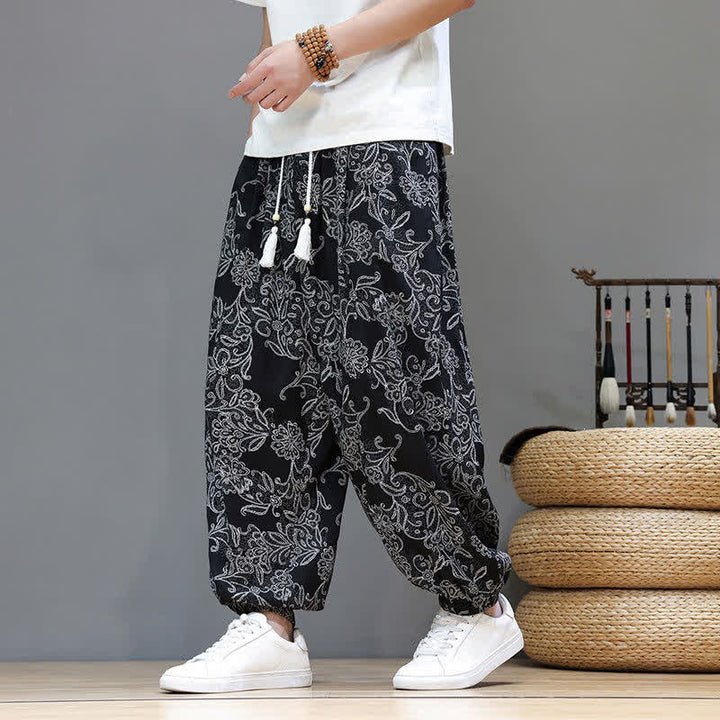 Buddha Stones Pantaloni estivi casual vintage con coulisse e stampa floreale, pantaloni harem da uomo con tasca - Nero - US/UK/AU46, EU56 (5XL) - image 18