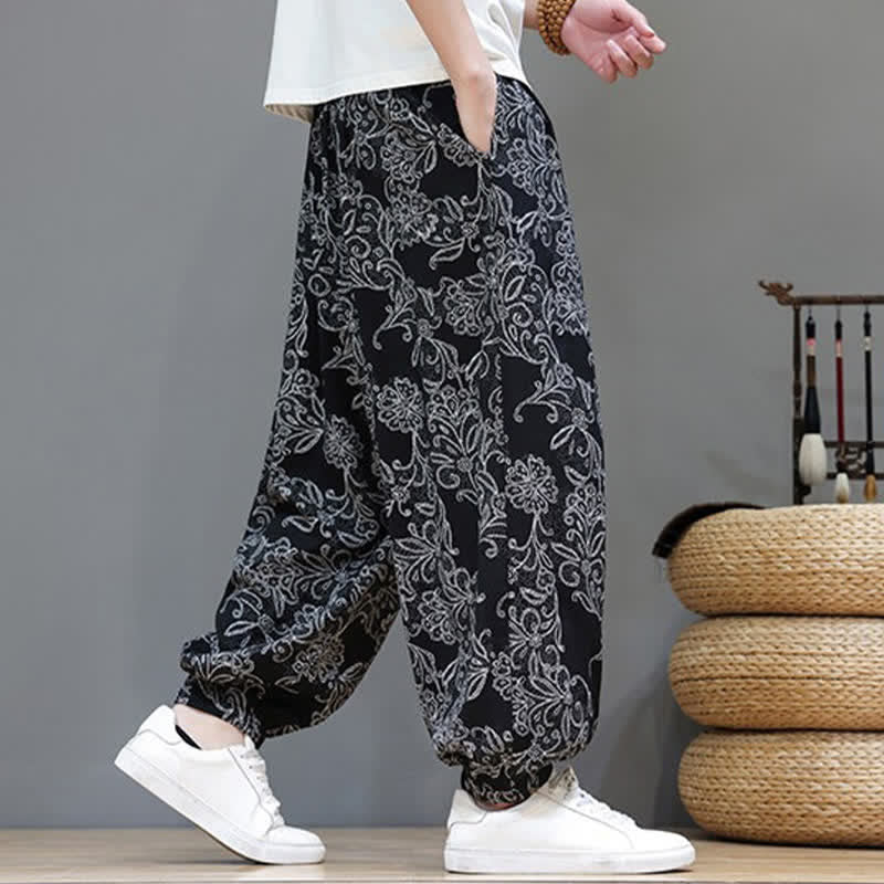 Buddha Stones Pantaloni estivi casual vintage con coulisse e stampa floreale, pantaloni harem da uomo con tasca - image 16