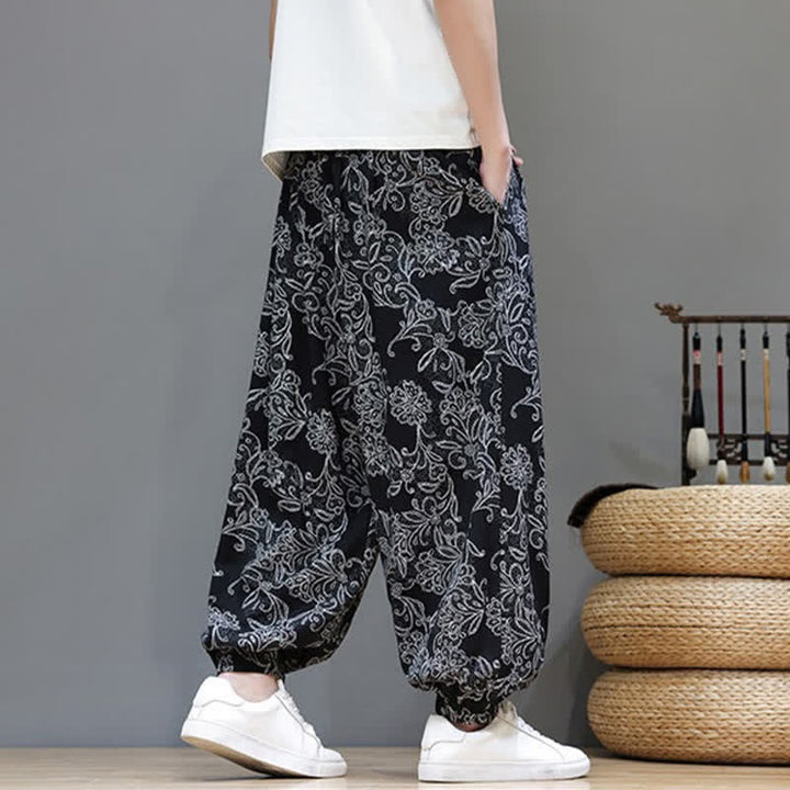 Buddha Stones Pantaloni estivi casual vintage con coulisse e stampa floreale, pantaloni harem da uomo con tasca - image 15