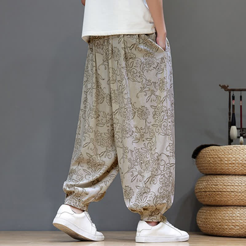 Buddha Stones Pantaloni estivi casual vintage con coulisse e stampa floreale, pantaloni harem da uomo con tasca - image 4