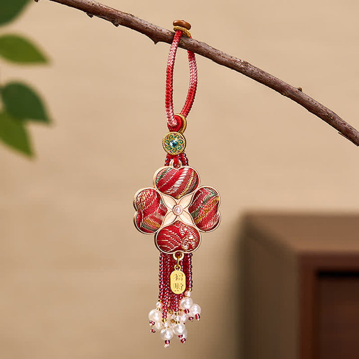 Buddha Stones Canzone Broccato Quadrifoglio Personaggio Fu Fortuna Fortuna Ricchezza Portachiavi con Nappa - Rosso - image 10