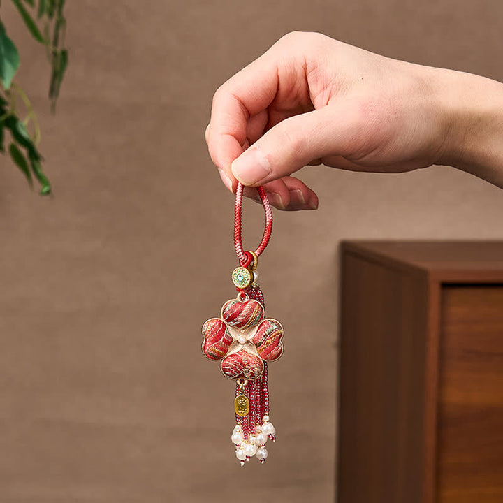 Buddha Stones Canzone Broccato Quadrifoglio Personaggio Fu Fortuna Fortuna Ricchezza Portachiavi con Nappa - image 12