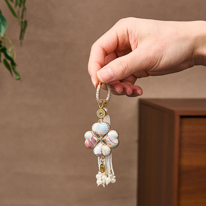 Buddha Stones Canzone Broccato Quadrifoglio Personaggio Fu Fortuna Fortuna Ricchezza Portachiavi con Nappa - image 16