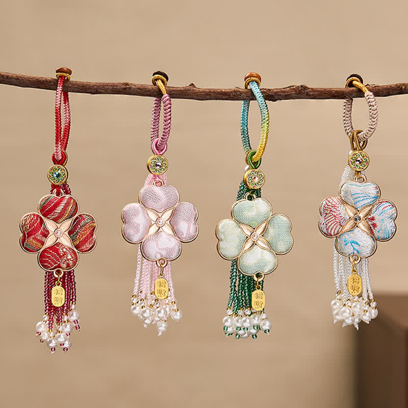 Buddha Stones Canzone Broccato Quadrifoglio Personaggio Fu Fortuna Fortuna Ricchezza Portachiavi con Nappa - image 18