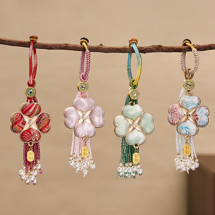 Buddha Stones Canzone Broccato Quadrifoglio Personaggio Fu Fortuna Fortuna Ricchezza Portachiavi con Nappa - image 18