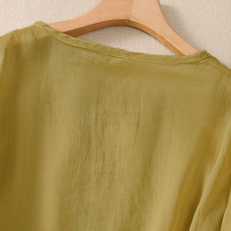 T-shirt da donna a maniche corte con scollo rotondo e ricamo floreale a tinta unita Buddha Stones. - image 15