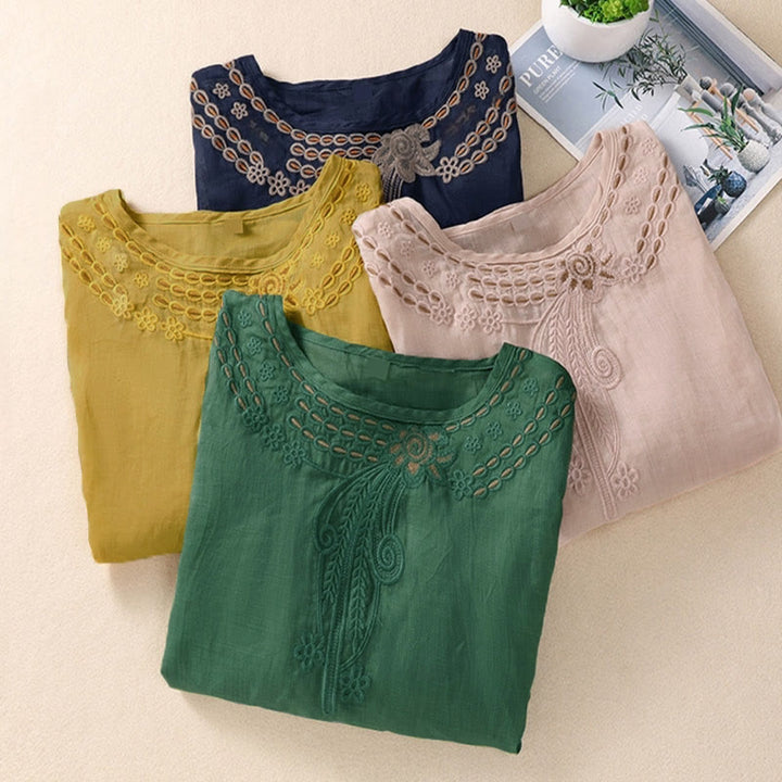 T-shirt da donna a maniche corte con scollo rotondo e ricamo floreale a tinta unita Buddha Stones. - image 26