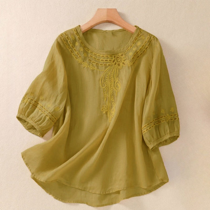 T-shirt da donna a maniche corte con scollo rotondo e ricamo floreale a tinta unita Buddha Stones. - Verga d'oro scura - US8-10, UK/AU12-14, EU40-42 (2XL) - image 12