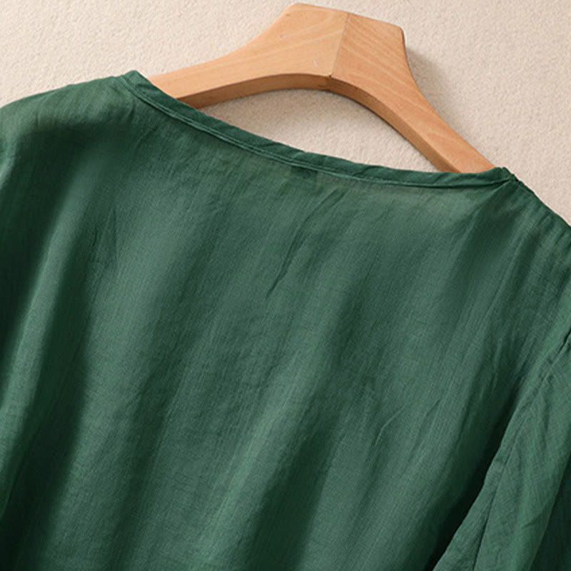 T-shirt da donna a maniche corte con scollo rotondo e ricamo floreale a tinta unita Buddha Stones. - image 21