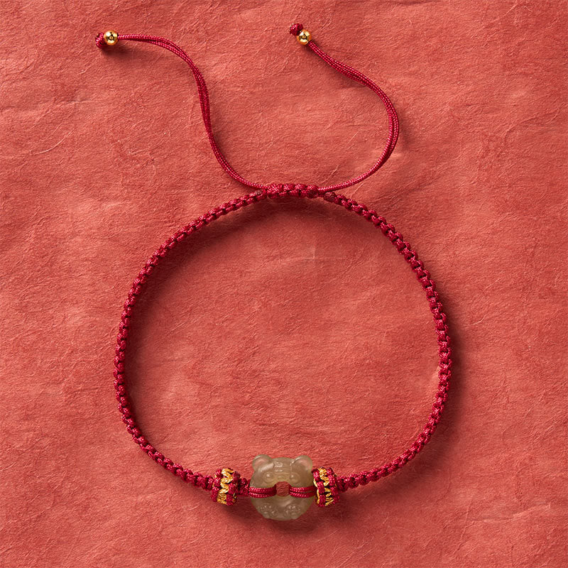 Buddha Stones Bracciale intrecciato con cordino rosso e fibbia a forma di testa di tigre in giada. - image 3