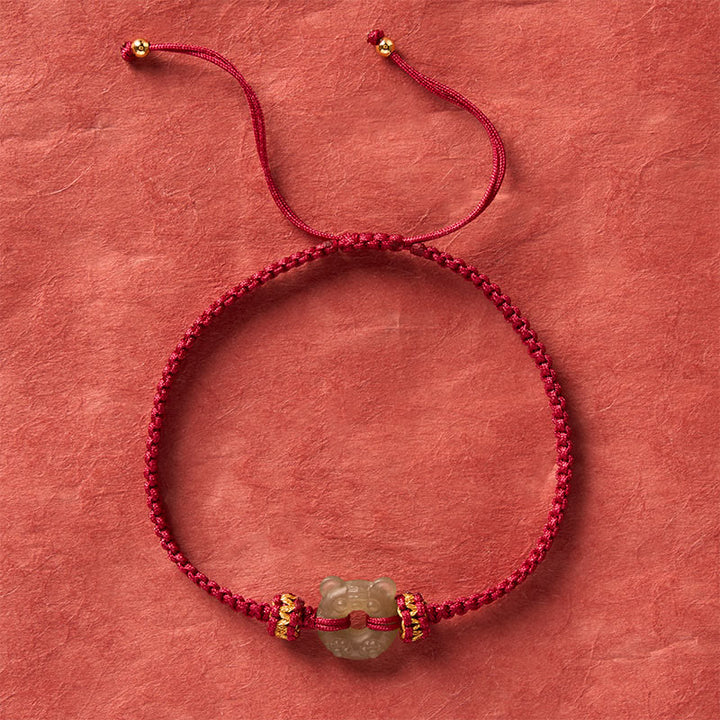 Buddha Stones Bracciale intrecciato con cordino rosso e fibbia a forma di testa di tigre in giada. - image 3