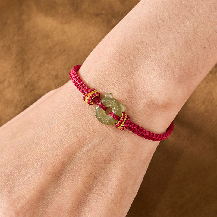 Buddha Stones Bracciale intrecciato con cordino rosso e fibbia a forma di testa di tigre in giada. - image 4