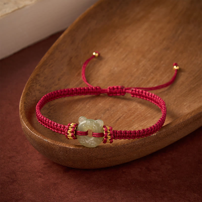 Buddha Stones Bracciale intrecciato con cordino rosso e fibbia a forma di testa di tigre in giada. - image 2