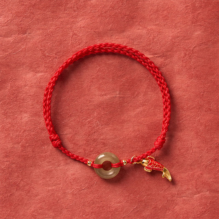 Buddha Stones Braccialetto protettivo con fibbia a forma di pesce koi, cordino rosso e giada, con ciondolo della pace. - image 3