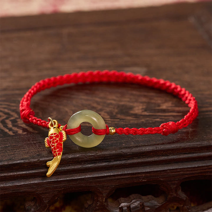 Buddha Stones Braccialetto protettivo con fibbia a forma di pesce koi, cordino rosso e giada, con ciondolo della pace. - image 2