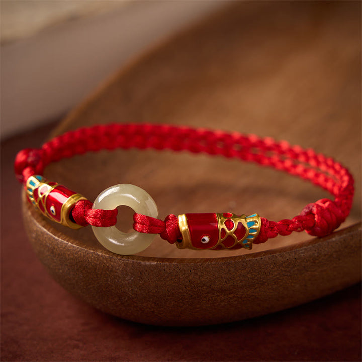 Buddha Stones Bracciale portafortuna con fibbia della pace in giada Hetian, doppio pesce koi e cordino rosso. - image 2