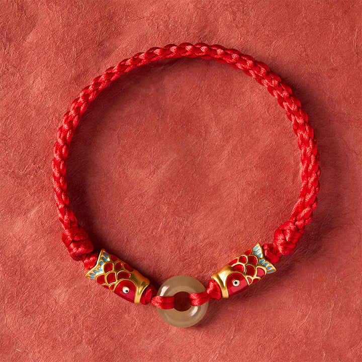 Buddha Stones Bracciale portafortuna con fibbia della pace in giada Hetian, doppio pesce koi e cordino rosso. - image 3